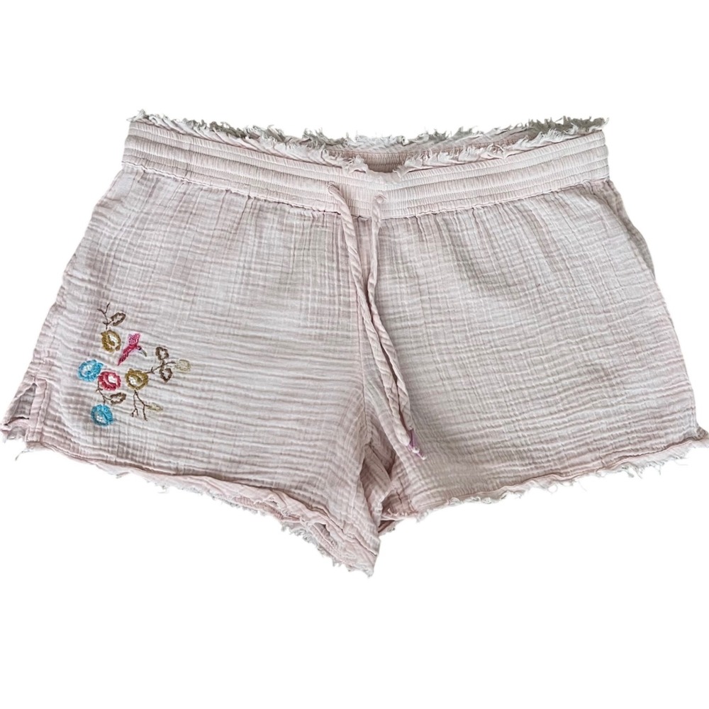 Anthropologie Pale Pink Gauze Shorts with Floral Embroidery
